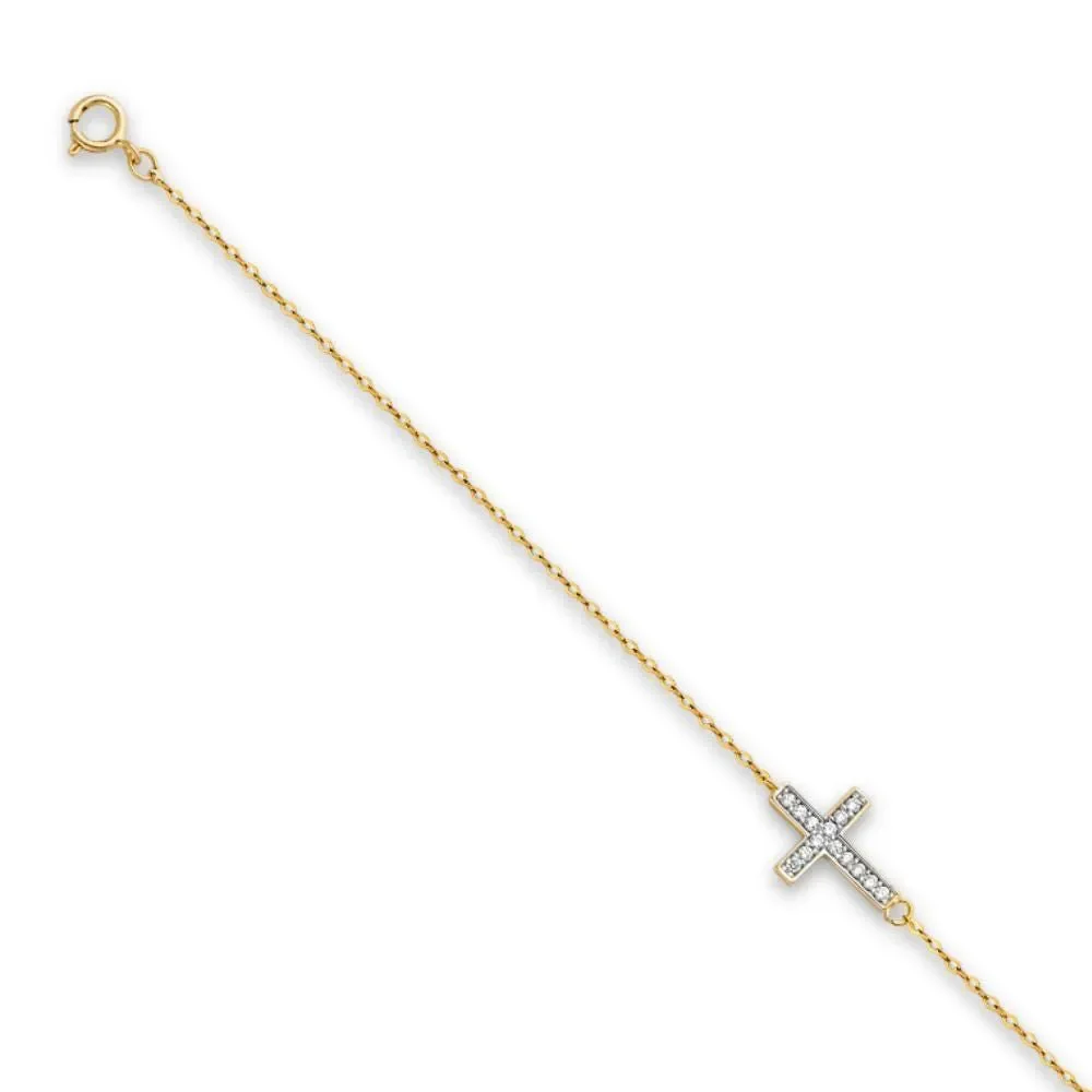 14K Yellow Gold CZ Cross Bracelet | Dainty Adjustable Chain By Tehrani Jewelry